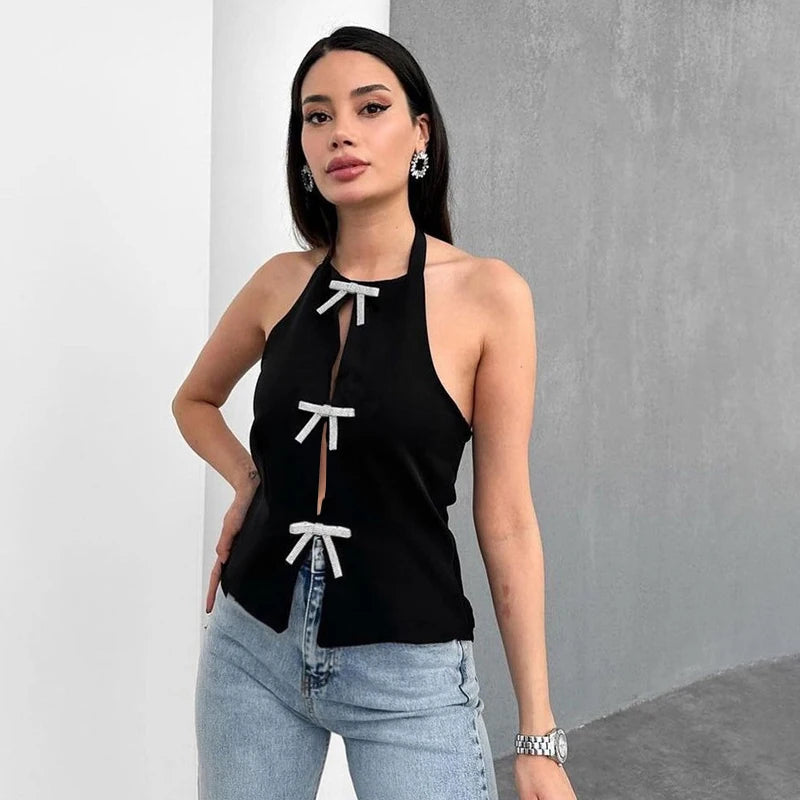 Realmefit   Sexy Jewelry Bow Cut Out Lace Up Crop Top Womens Sleeveless Strapless Hot Girl Club Party Top Slim Solid  Navel Short Top