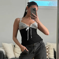 Realmefit  V-neck Lace Suspender Top   Summer Sexy Stitching Contrasting Color Vest Top Women's Hot Girl Fashion T-shirt Pullover