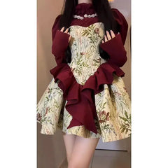 Realmefit Elegant Women Dress Vintage Fairy Princess Long Sleeve Christmas New Year Dresses One-Piece Evening Party New Korean Chic Robes