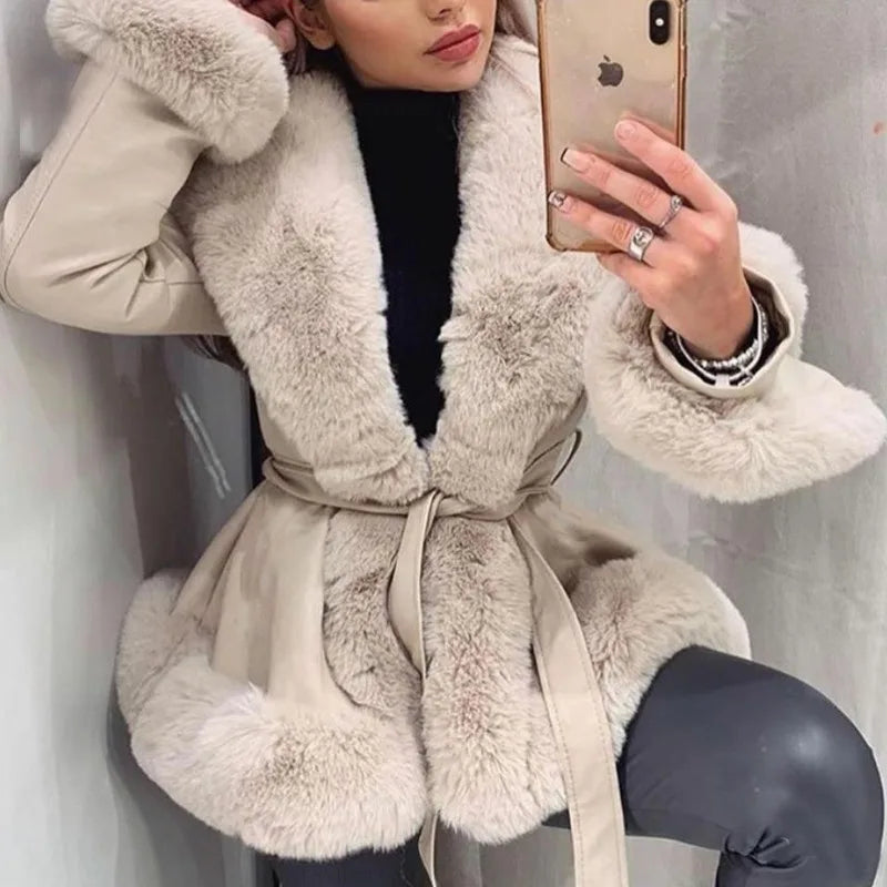 Realmefit PU Splice Fur Collar Wrap Coat For Women Lace Up Slim Long Sleeve Coat Woman Winter Street Elegant Jacket Women's Clothes