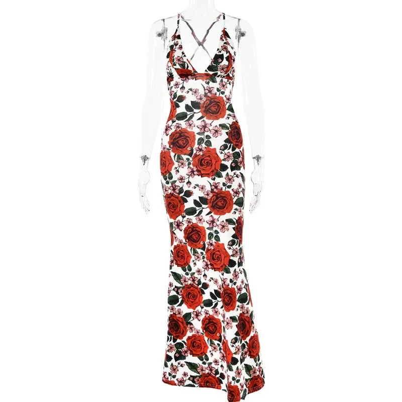 REALMEFIT  -  Red Floral Print Deep V Backless Fishtail Maxi Dress Elegant Sexy Evening Party Dresses for Women Summer 2024 C92-CC28