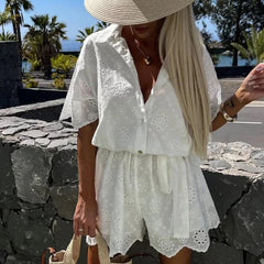 REALMEFIT  -  Ladies Fashion Lace Up Holiday Romper New Summer White Casual Lapel Shorts Playsuits Sexy Lace Embroidered Hollow Shirt Jumpsuit