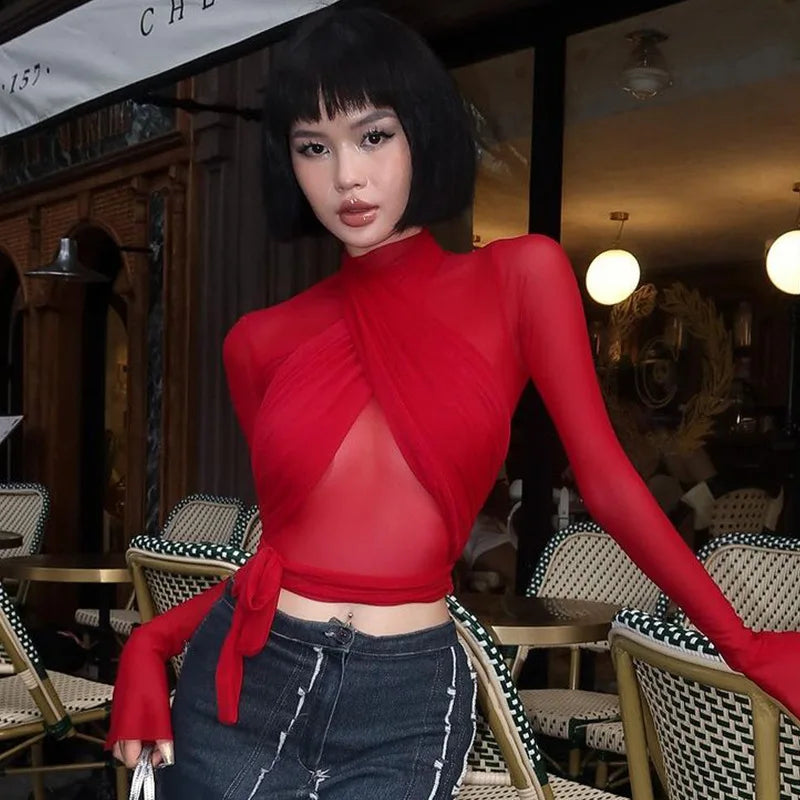 REALMEFIT  -  See Through Mesh Sexy Crop Tops Red Black Long Sleeve Tight Shirt Women Street Fashion Blouses P95-BF14