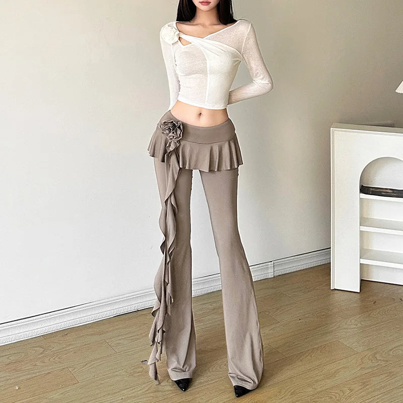 Realmefit Fashion Flower Ribbons Straight Pants For Women Solid Color Casual High Strecth Folds Patchwork Female Summer Trousers