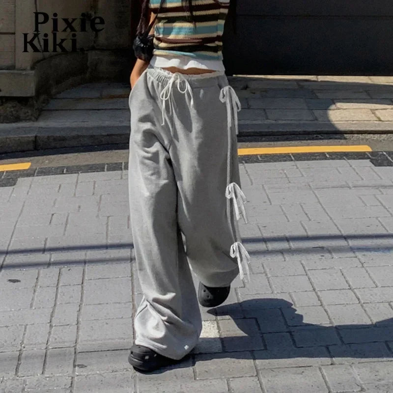 REALMEFIT  -  Side Stripe Lace Bow Sweatpants Gray Drawstring Wide Leg Pants Fashion Casual Loose Sports Trousers Women P84-DG38