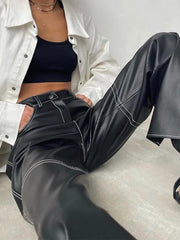 Realmefit  PU Leather Straight Pants Black High Waist Fashion Vintage Long Pant For Women Autumn Style   Trousers Streetwear Y2K