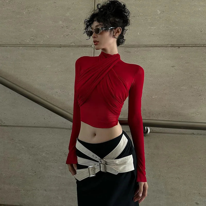 REALMEFIT  -  See Through Mesh Sexy Crop Tops Red Black Long Sleeve Tight Shirt Women Street Fashion Blouses P95-BF14