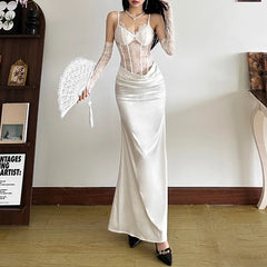 REALMEFIT  -  Lace Satin White Party Dresses Women 2024 Elegant Sexy V Neck Backless Maxi Dress with Gloves