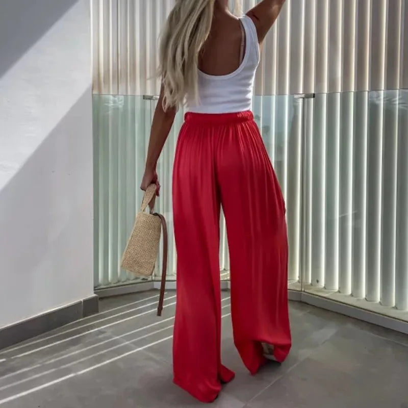 REALMEFIT  -  Summer Elegant Commuting Wide Leg Pants New Casual Elastic Waist Pleated Women's Trousers Fashion High Street Solid Long Pants