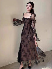 Realmefit  Spring France Elegant Mesh Dresses Women's Long Sleeve Lace Up Evening Party Club Vestido Summer Vintage Robe Mujer