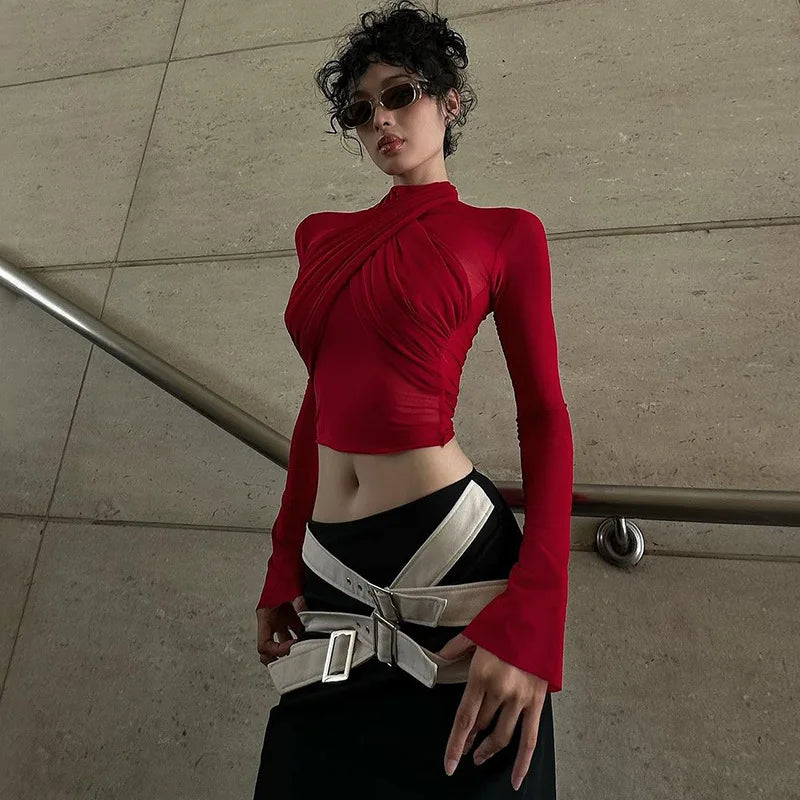 REALMEFIT  -  See Through Mesh Sexy Crop Tops Red Black Long Sleeve Tight Shirt Women Street Fashion Blouses P95-BF14