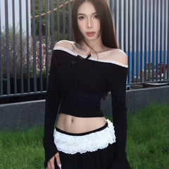 OKLULU  - Sexy Fashion Long Sleeve Off Shoulder Crop Tops Hotgirl Lace Low Waist Mini Skirt Autumn 2 Piece Set Women's Clothing