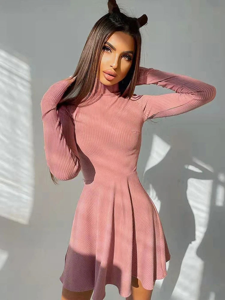 Realmefit  Women Turtleneck Long Sleeve Elegant Solid Dresses Ladies Knitted Bottoming A-line Pleated Dress Casual Fashion Streetwear