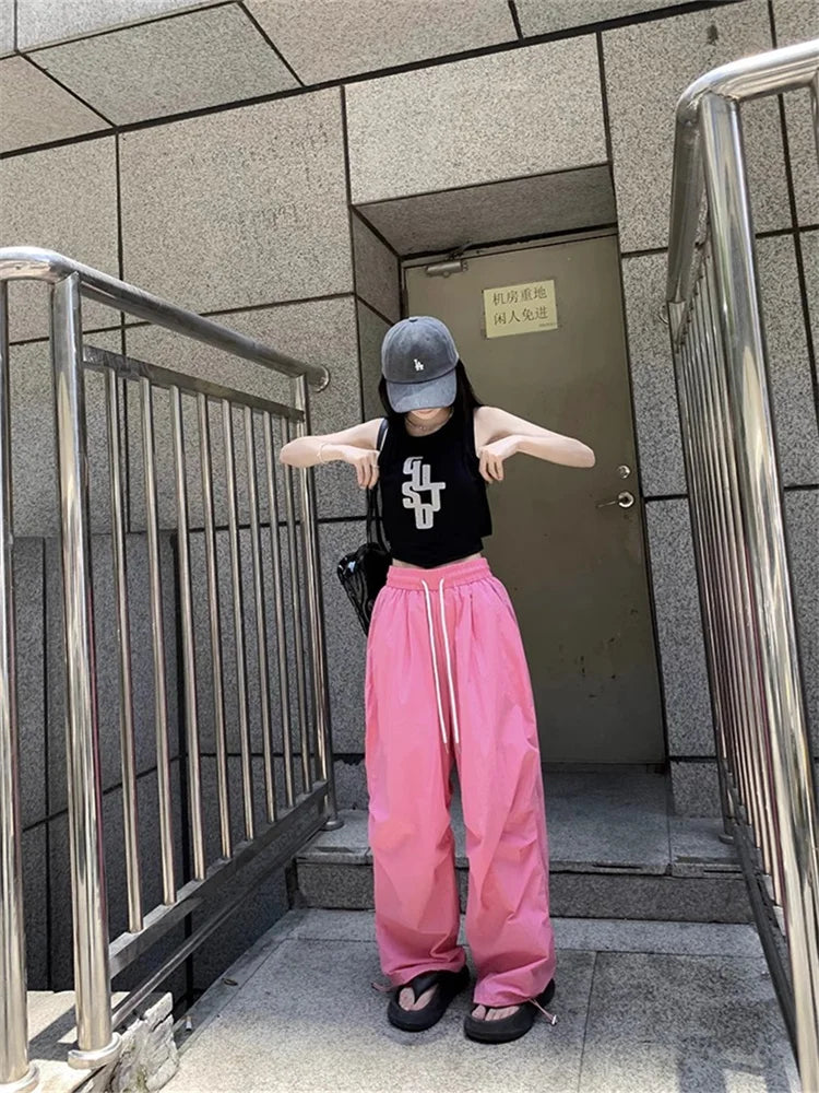 Realmefit  Y2K Pink Parachute Pants Women Oversized Korean Style Hip Hop Track Trousers Quick Dry Drawstring Wide Leg Sweatpants