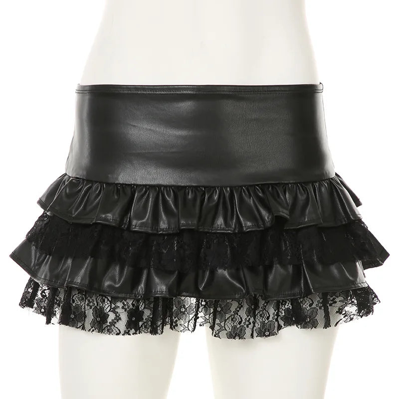 REALMEFIT  -  Lace Spliced Faux Leather Skirt Women Gothic Punk Black Low Waist Ruffle Mini Skirts Y2k Emo Clothes P84-BI20