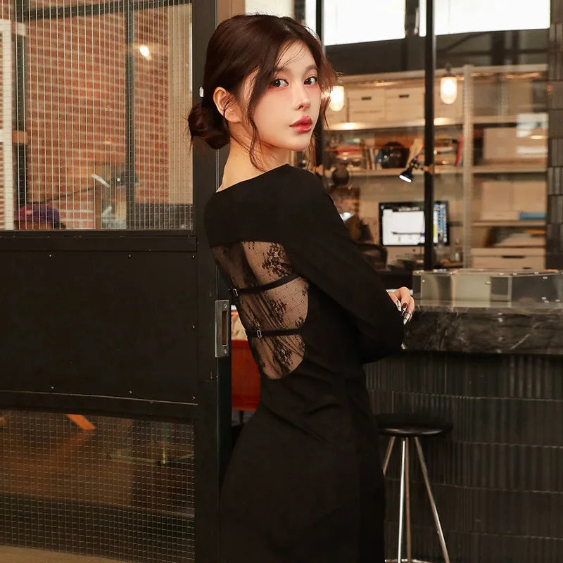 REALMEFIT  -  See Through Lace Splicing Backless Slit Dress Sexy Black Long Dresses for Women Club Outfits Fall 2024 P85-CH33