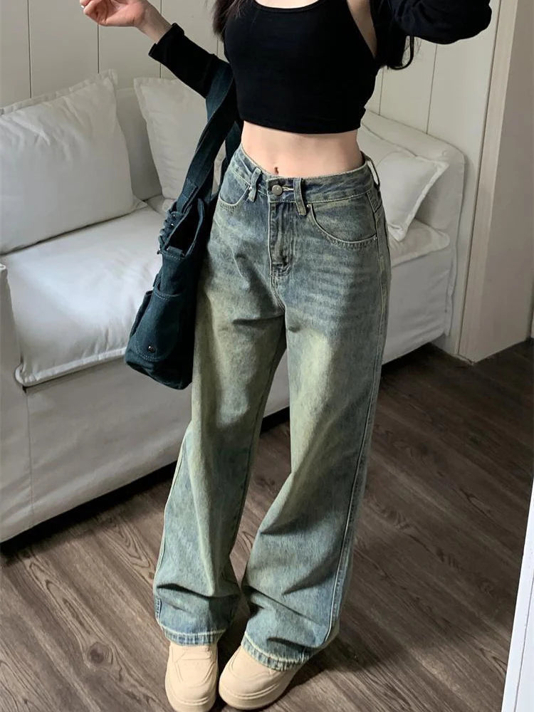 Realmefit   Vintage Korean Baggy Straight Jeans Women Y2k High Waist Loose Wide Leg Jeans Streetwear Casual Denim Trousers Female