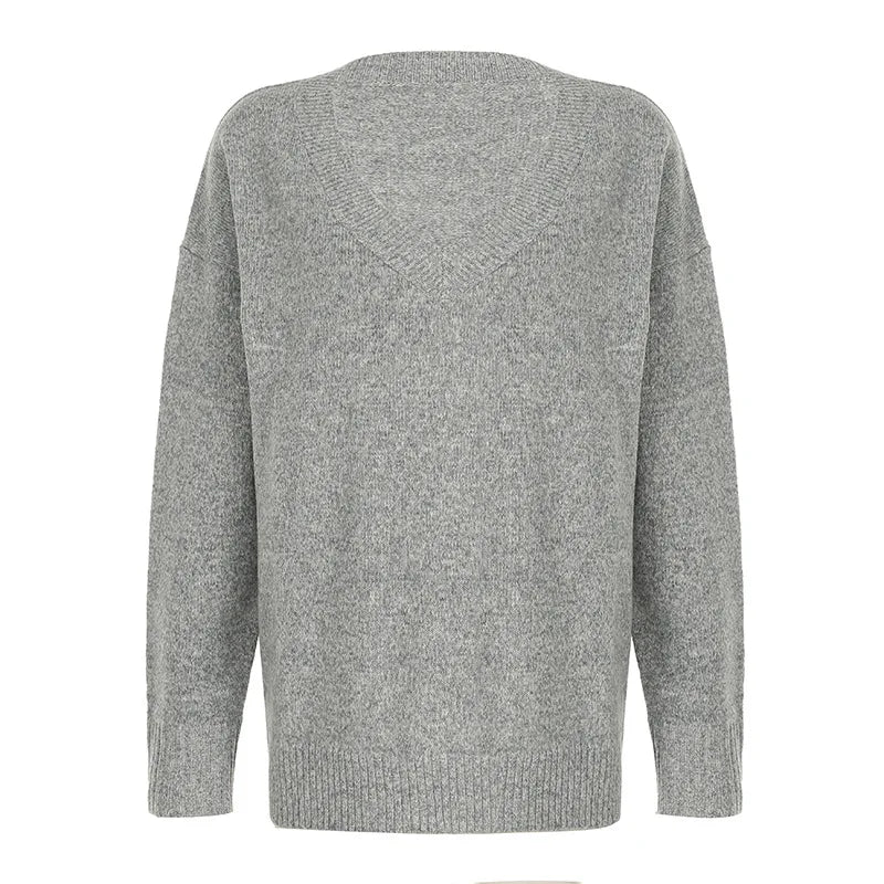 REALMEFIT  -  Cozy Sweater Grey Knitted V Neck Long Sleeve Top Autumn Winter Clothes Women Casual Loose Pullovers