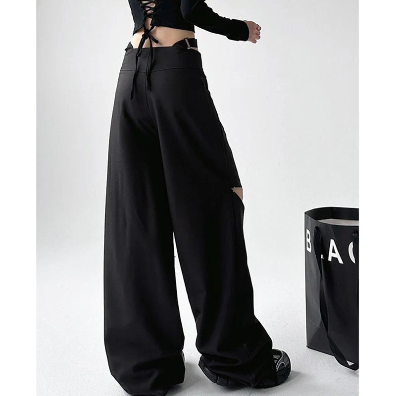 Realmefit   Oversize Cargo Pants Women Japanese Y2k Hollow Out Waist Zipper Black Trousers Gothic Harajuku Wide Leg Pants Streetwear