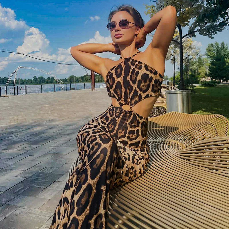 REALMEFIT  -  Leopard Print Maxi Dress For Women Halter Sleeveless Backless Bodycon Maxi Dresses Ladies Y2K Outfits Sexy Slipdress