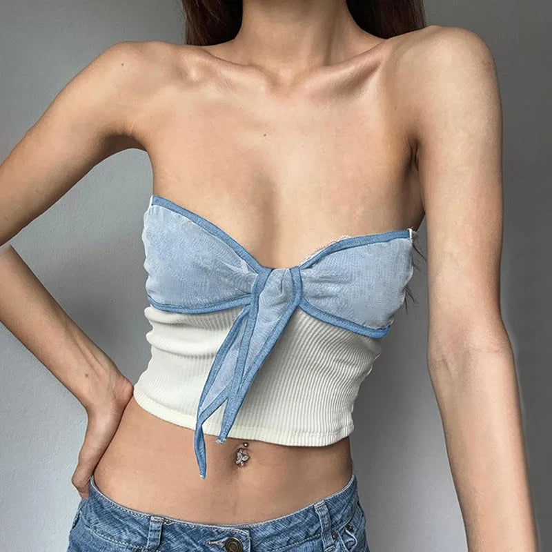 REALMEFIT  -   Bow Tie Patchwork Tube Top Coquette Y2k 2000s Clothes Soft Girl Aesthetic Backless Crop Tops