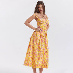 REALMEFIT  -  Summer Elegant Floral Print Midi Holiday Dress with Pocket Yellow Back Lace Up Party Dresses Casual Women Dress