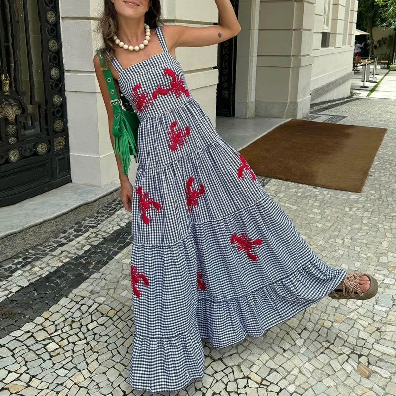 REALMEFIT  -  Women Boho Beach Maxi Dress Vintage Embroidery Sleeveless Square Neck Tiered Dress Female Chic Fashion Holiday Long Sundress