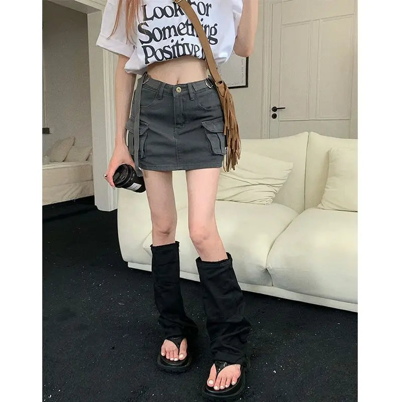 Realmefit Streetwear Cargo Mini Skirts Women Harajuku Vintage Y2k 90s Casual Hight Waist Sexy Clothes Fashion Denim Short Skirt