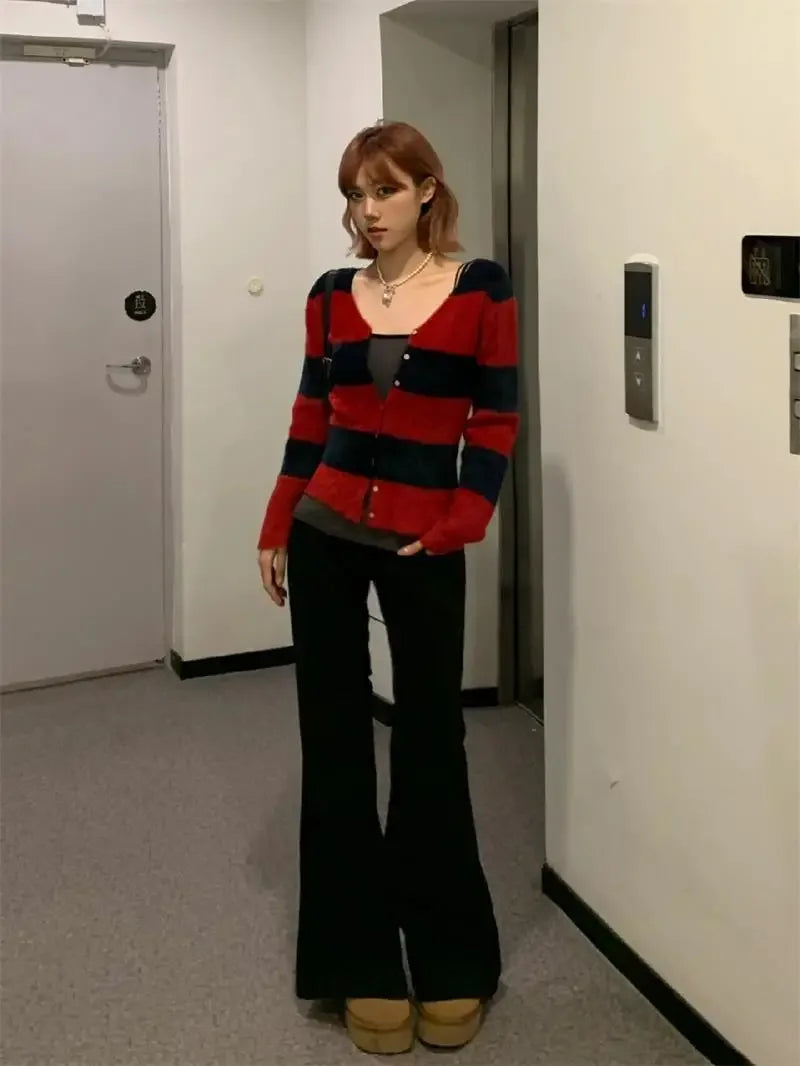 REALMEFIT  -  Y2k Harajuku Striped Cardigan Sweater Women Japanese Fashion Gothic Streetwear Long Sleeved Slim Red Cardigan Halloween