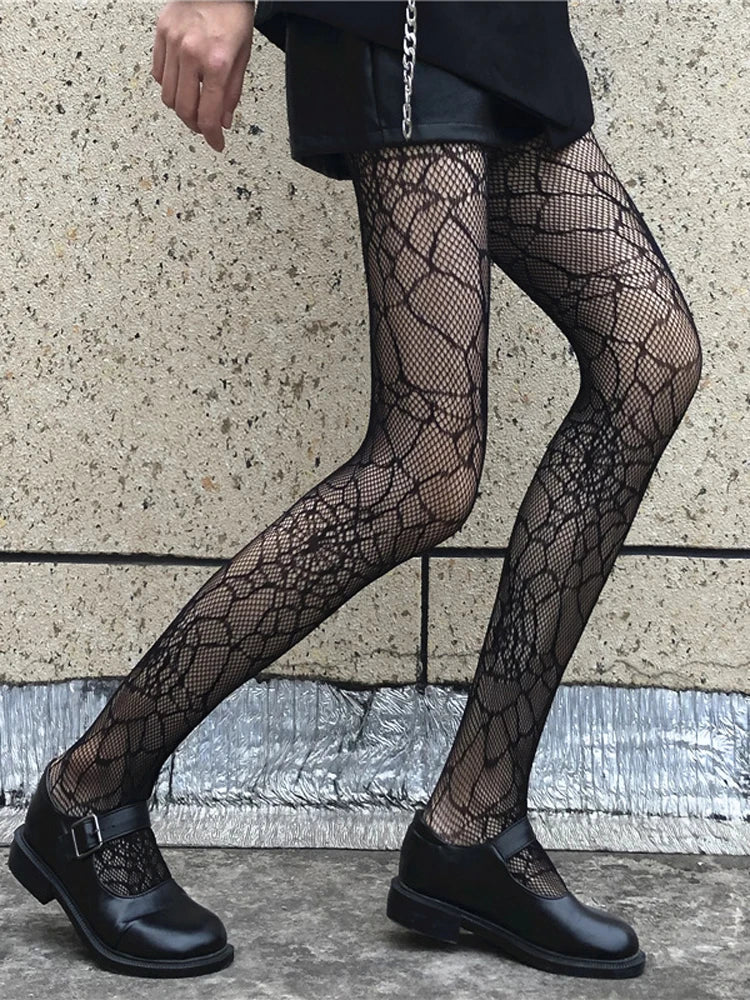 Realmefit   Classic Lolita Hollowed Out Lace Mesh Sexy Leggings Retro Floral Rattan White Stocking Club Hot Tights Japanese Pantyhose