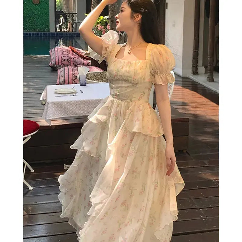 REALMEFIT  -  Fruitful Fashion Dress to Impress Retro Floral Print Dress Women Chic Square Collar Princess Style Midi Dress Female Puff Sleeve Korea Elegant Fairy Dress Vestido