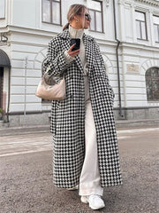 Realmefit  Houndstooth Trench Coat For Women Autumn Fashion Slim Long Coats Women's Winter Street Temperament Clothes Woman New