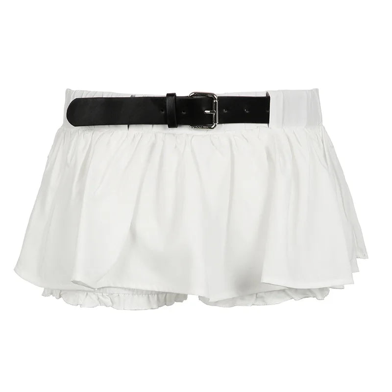 REALMEFIT  -  Belted Elastic Low Waist Micro Mini Skirt with Shorts Underneath Cutecore Y2k 2000s Summer White Skirts P84-BI20