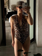 REALMEFIT  -  Sexy Leopard Animal Printing  Bodysuits for Women Chic Backless  Sleeveless Bather Bathing Female Summer Lady Bodycon Beachwear