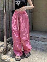 Realmefit  Y2K Pink Parachute Pants Women Oversized Korean Style Hip Hop Track Trousers Quick Dry Drawstring Wide Leg Sweatpants