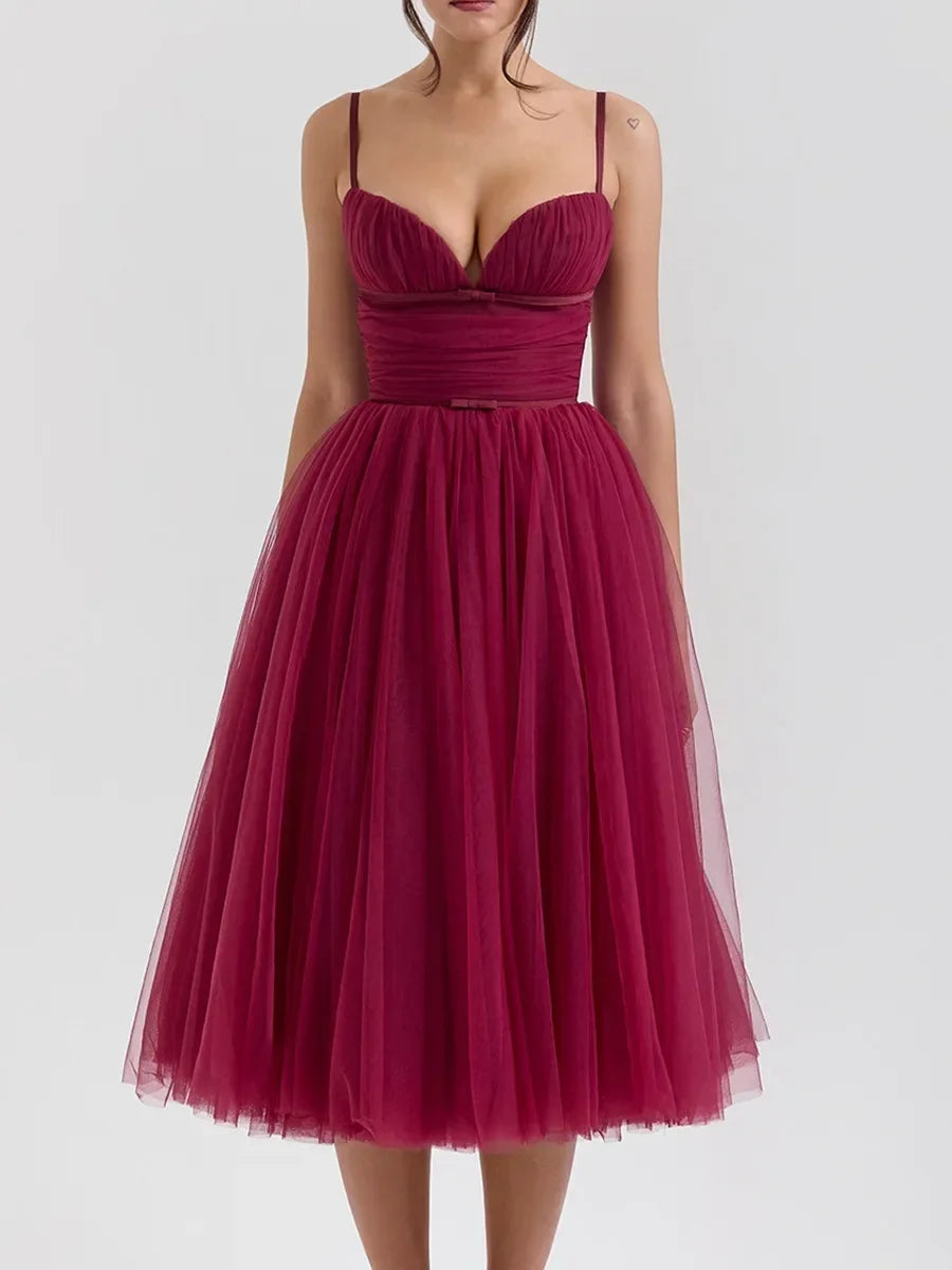 REALMEFIT  - Sweetheart Neckline Strap Tulle Frill Midi Dress