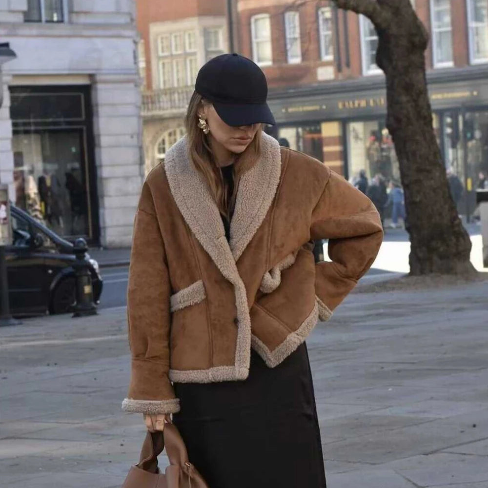 REALMEFIT  -  Autumn and Winter Warm Cotton Jacket Coat 2024 Loose Brown Faux Fur Suede Jacket Casual Oversize Coats Jacket Women