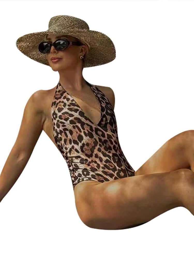 REALMEFIT  -  Sexy Leopard Animal Printing  Bodysuits for Women Chic Backless  Sleeveless Bather Bathing Female Summer Lady Bodycon Beachwear