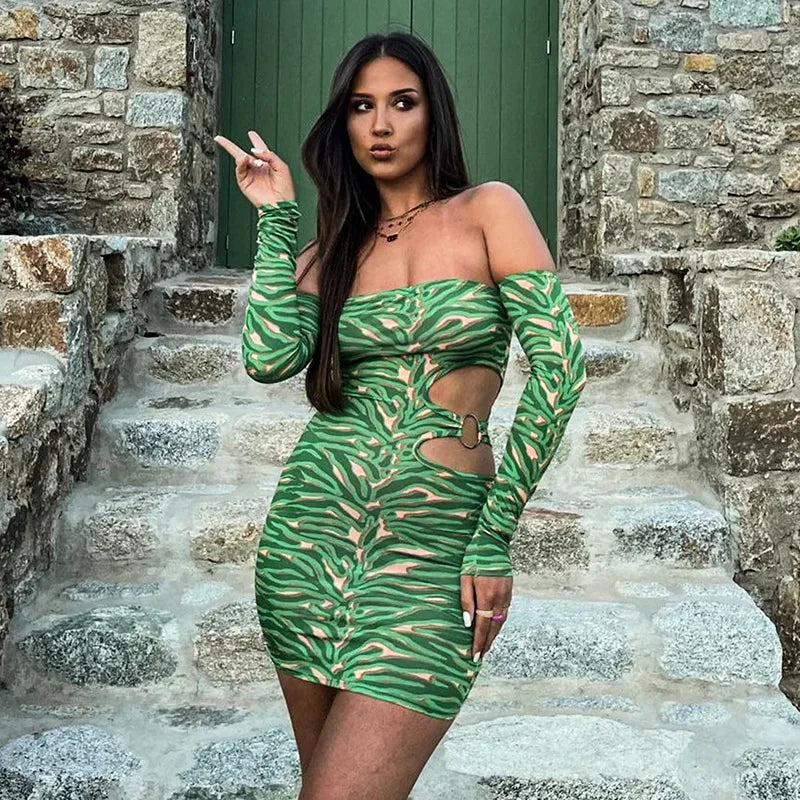 REALMEFIT  -  Green Printed Cut Out Assymetrical Dress Sexy Off Shoulder Long Sleeve Short Dresses for Women Spring 2024 C85-BF17