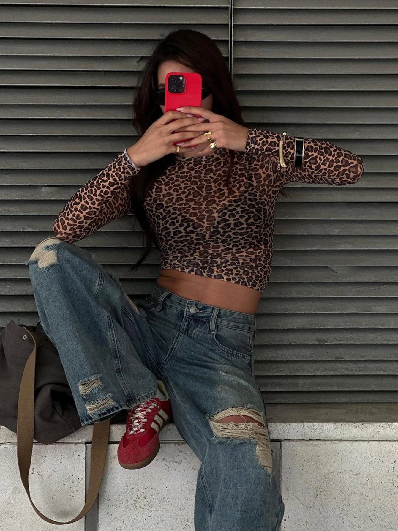 REALMEFIT  -  2024 Mesh Leopard Print Long Sleeve Sexy Slim Crop T-Shirt Top Summer Fashion New Y2K Clothes Streetwear Vacation Club