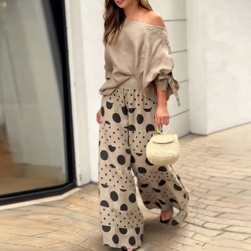 REALMEFIT  -  Casual Diagonal Neck Hollow Top with Wide Leg Pants Sets Summer Loose Polka Dot Printed Women Suit Fashion High Street Outfits