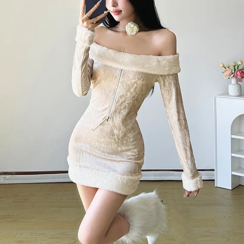 REALMEFIT  -  2 Piece Set Fluffy Faux Fur Mini Skirt Off Shoulder Zip Up Jacket Sexy Club Wear Outfits Women Winter Clothes P94-FA35