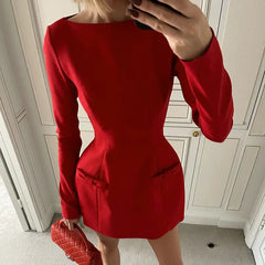 REALMEFIT  -   Bows Splice Long Sleeve Mini Dress Elegant Office Woman Solid Bodycon Club Party Dresses 2024 Autumn High Waist Fashion