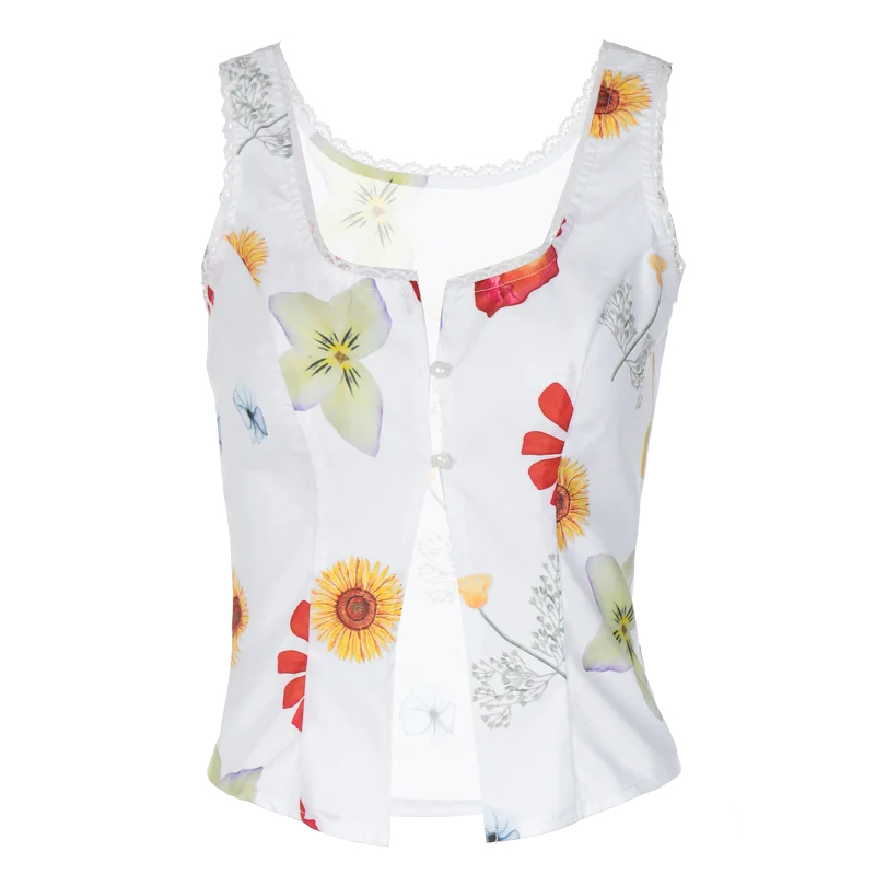 REALMEFIT  -  Floral Print Square Neck Buttons Sexy Slim Y2K Crop Tank Top Tees Summer Women Cute Goth Clothes Rave Party Vacation