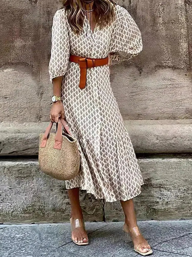 Realmefit Vintage Printed Boho Single Breasted Loose Maxi Dress Women Casual Long Lantern Sleeve Vestidos Summer Vocation Lady Robes