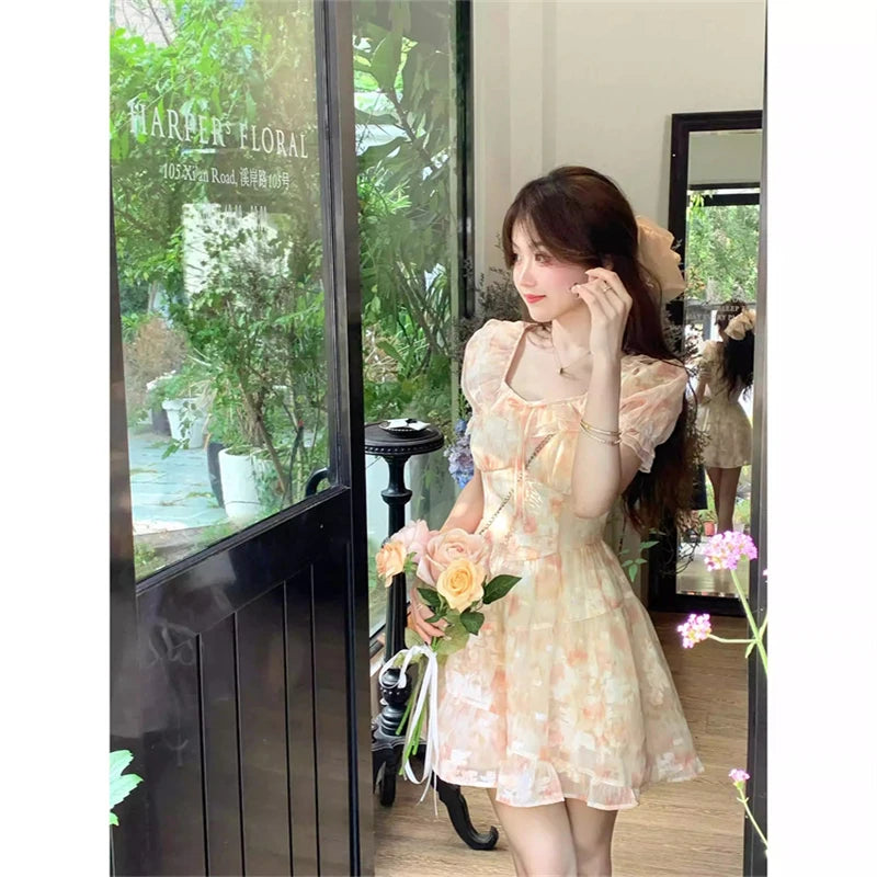 REALMEFIT  -  Fruitful Fashion Dress to Impress Summer Sweet Floral Chiffon Dress Vintage Fairy Square Collar Puff Sleeve Dress Sundress Princess Mini Holiday Dress Vestido