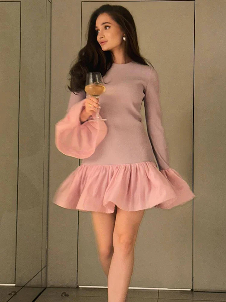 REALMEFIT  -  Knitted Mini Dress Female Long Sleeves Gown Flare Sleeves Spliced Autumn Winter Dress A-Line Sweet Bodycon Women Clothes