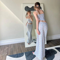 REALMEFIT  -  Flower Print Long Dress Set 2 Piece for Women Crop Top and Skirt Sets Women Summer Vacation Outfits 2024 P95-CC33