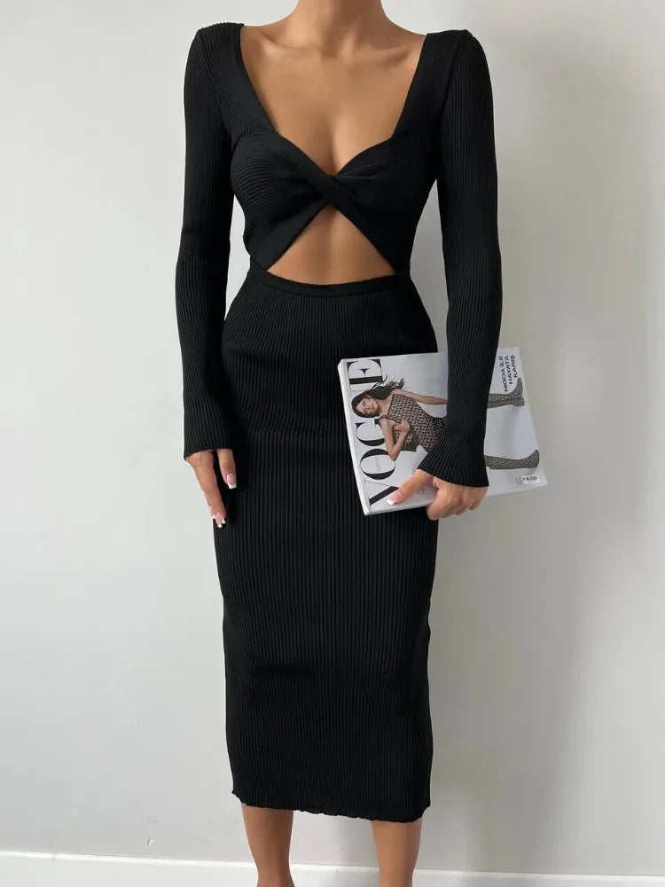 Realmefit   Knitwear Ribbed Hollow Out Long Dress Women's Twist Long Sleeve Patchwork Slim Elegant Knit Dress Party Looks Maxi Dress