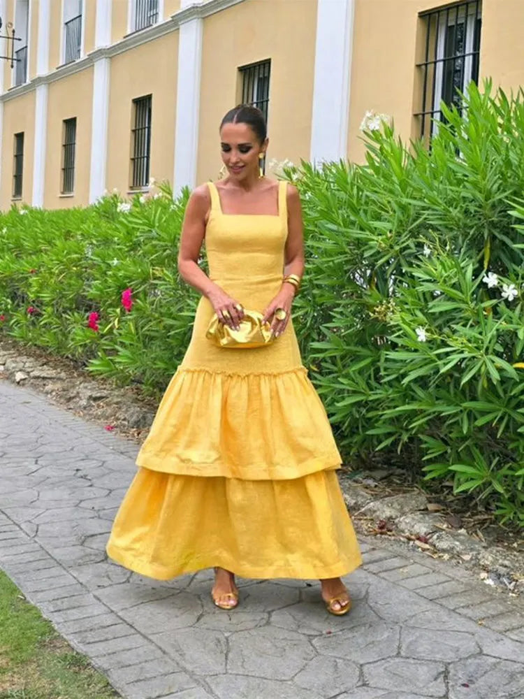 Realmefit  Yellow Linen Sequin Church Dresses For Women Elegant Classy 2024 Ruffled High Waist Sling Long Dress Female Party Vestidos